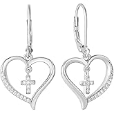 Vesitim Sterling Silver Religious Earring for Women Heart Cross Drop Dangle Leverback Earrings Christian Birthstone Religious Jewelry with White Gold/Rose Gold/Gold Plated