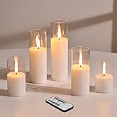 Girimax Clear Glass Flameless Candles with Remote Batteries, Flickering Slim LED Pillar Candles Set of 5