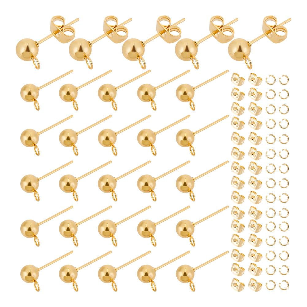 UNICRAFTALE 30 Pairs Gold Ball Post Stud Earrings Ball Stud Earrings 304 Stainless Steel Stud Earrings Findings with Loop Ear Nuts and Earring Post Suitable for Wearing or DIY Earrings