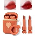 LAMUSELAND Matte Lipstick, 2Pc/Set Waterproof Long Lasting Moisturizing Lip Stain Earphone Dual-color Lip Gloss Primer, Non-stick Cup Lip Make Up Gift Kit for Girls (Red)
