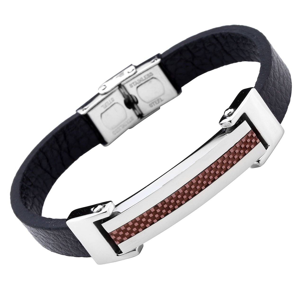 PiercingJ - Bijoux Bracelet Leather Cuir Veritable Menotte avec Fermoir Acier Inoxydable Lien Poignet Manchette Biker Motard Chaine de Main Femme