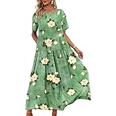 YESNO Women Casual Loose Bohemian Floral Dress with Pockets Short Sleeve Long Maxi Summer Beach Swing Dress EJF