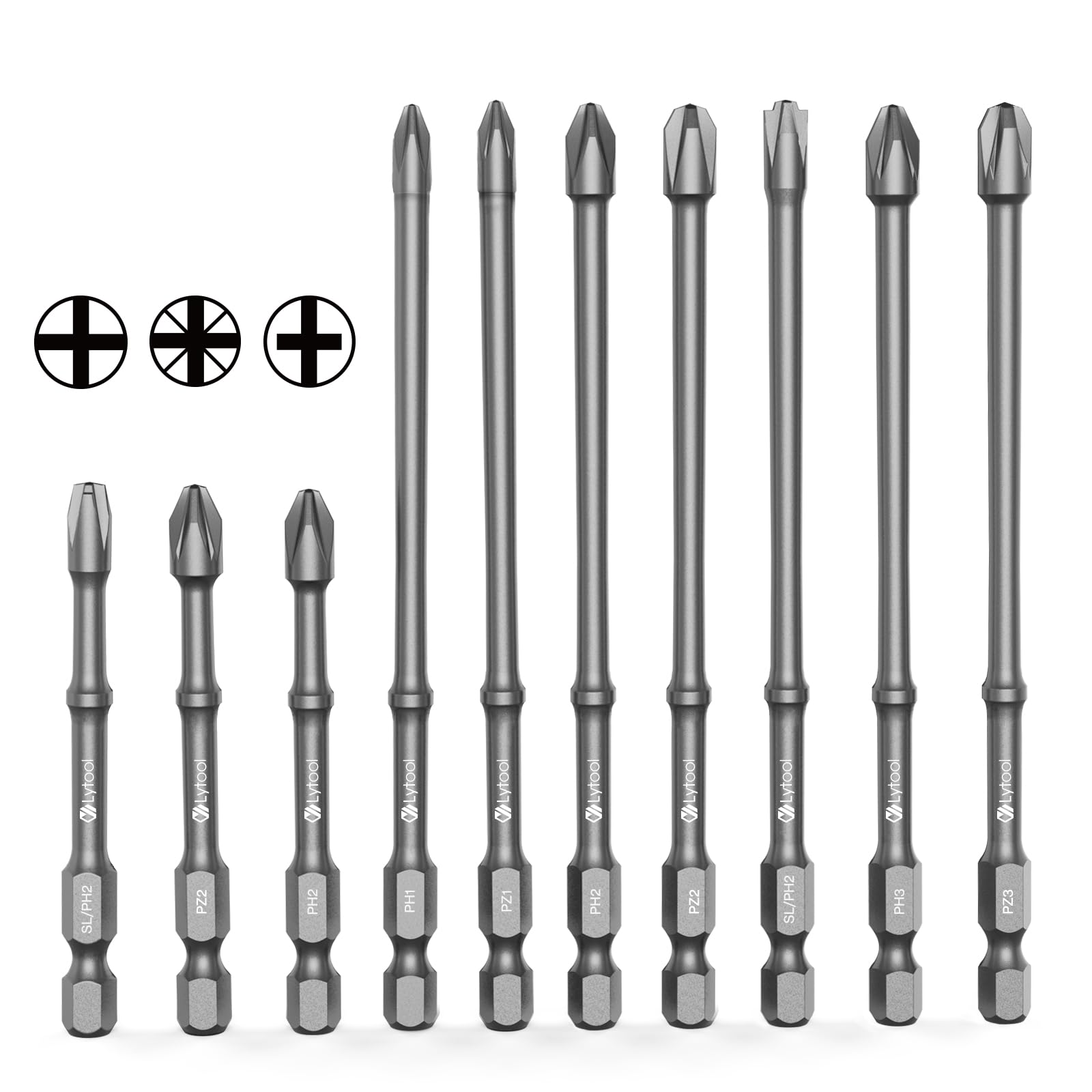 Lytool 10pcs Screwdriver Bit Set Extra Hard (SL/PH2, PH1, PH2, PH3, PZ1, PZ2, PZ3), 110mm+65mm Anti-Slip Magnetic Drill Bits Screwdriver Bit
