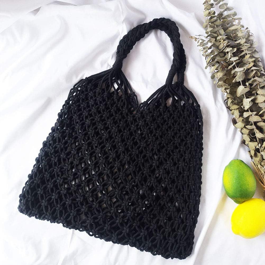 TENDYCOCO Shoulder Bag Mesh Beach Bag Woven Cotton Hollow for Women (Black), Approx. 48 x 35 x 2cm - Image 3