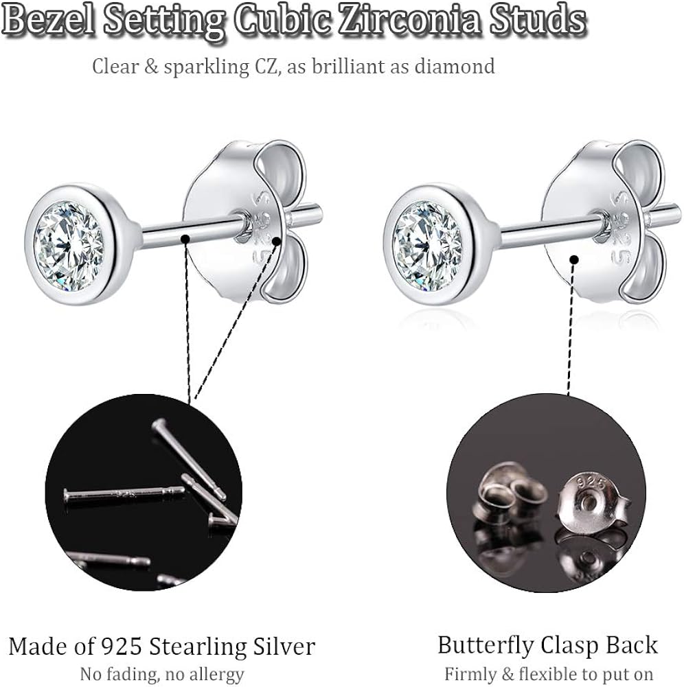 Small Stud Earrings for Women Men Girls- 4 works of Tiny Round Cubic Zirconia Sterling Silver Post Earrings CZ Small Cartilage Tragus Earrings(2/3/4/5mm) - Image 3