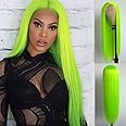 Aubree Fluorescent Green Wigs for Women Neon Green Long Straight Lace Front Synthetic Wigs with Baby Hair Glueless Heat Resistant Hair Replacement for Cosplay Party Christmas gift