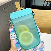 AXLOFO® Cute Water Bottle with Straw - 300 ML Creative Ice Cream Popsicle Cups Adjustable Shoulder Strap for School Girls, BPA Free Kawaii Drinking Bottles (blue)