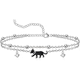 POPLYKE 925 Sterling Silver Black Cat Anklets Double Layered chain for Women birthdaySummer Beach Cat Jewelry