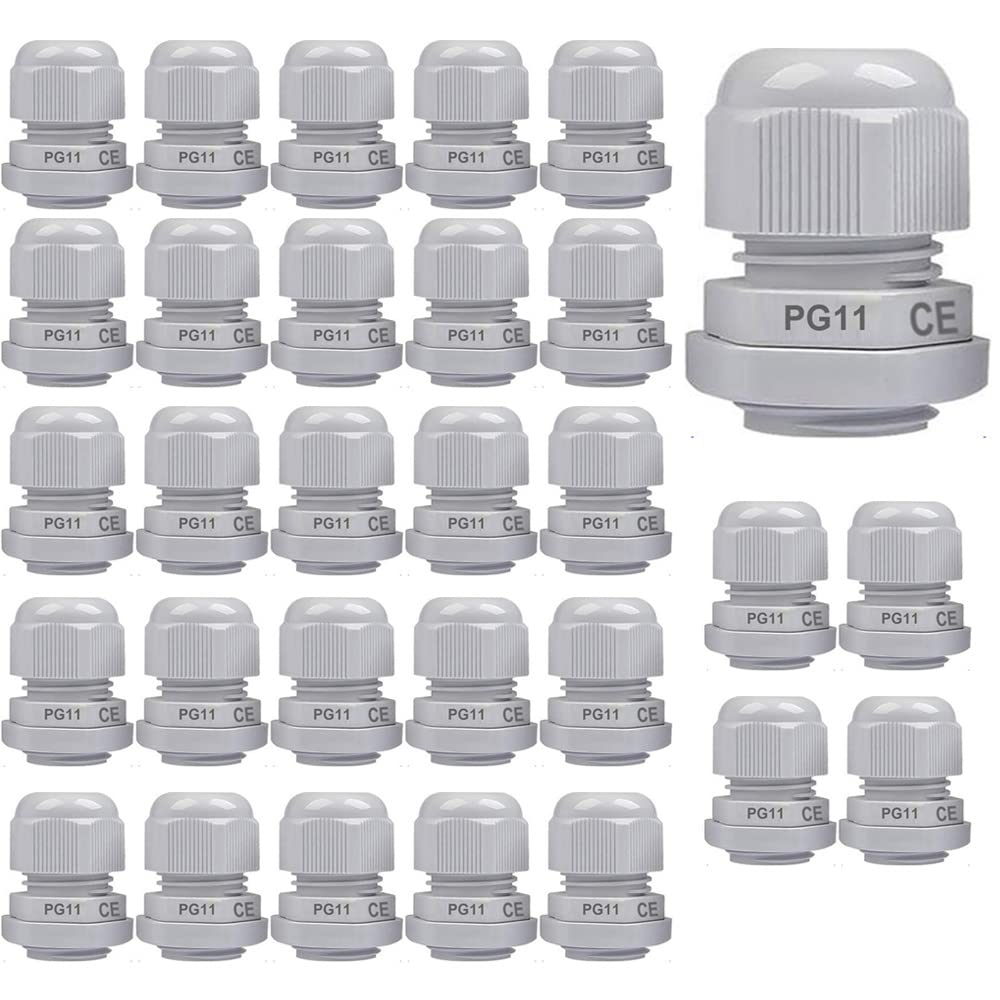 Gebildet 30Pcs Cable Gland, PG11 Plastic IP68 Waterproof Adjustable 5.0-10mm Cable Gland Joint with Gaskets, M18*1.5 Wire Connector, Wire Protector (White)