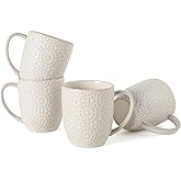 Feenmai Coffee Mug Set of 4-16 oz Large Ceramic Mugs, Porcelain Embossed Coffee Cups for Cocoa, Tea, Milk, Mocha, Cappuccino - Housewarming Wedding Decoration, Dishwasher Safe, 3.5 x 4.5 inch