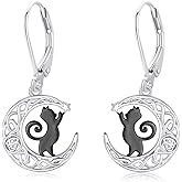 CUOKA MIRACLE Black Cat Earrings S925 Sterling Silver Moon Black Cat Earrings for Women Dangle Leverback Earring Moon Cats Earring Jewelry Gifts for Women Cats Lover