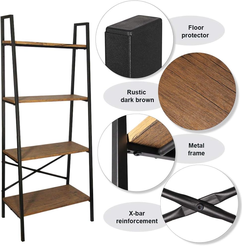 Blissun 4 Tiers Ladder Shelf, Vintage Bookshelf, Storage Rack Shelf for Office, Bathroom, Living Room: Home & Kitchen