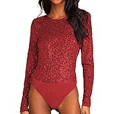 JWJP&CCYIQI Long Sleeve Sequin Bodysuit Glitter Sparkle One Piece Top with Sheer Mesh Thong