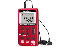 Retekess V112 AM FM Portable Pocket Radio, FM Receiver, Digital Tuning Stereo, with Headphones, Rechargeable Battery, for Walking, Jogging, Training, Church (Red)