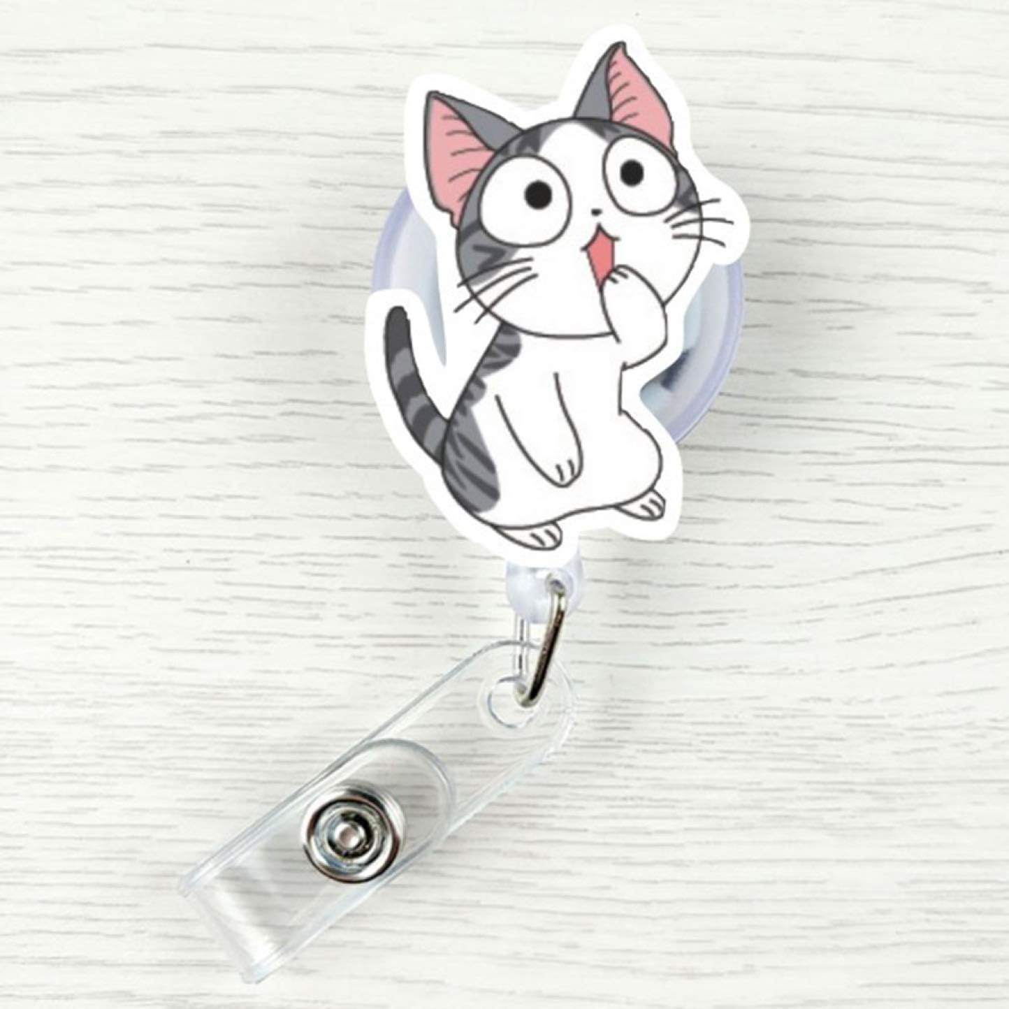 Wanjis interesting Cartoon Retractable Id Name Badge Reel Pull Clip Key Card Holder Clip Office Work Tags Reel Badge Lanyard for Home Decoration(None Mouth Cat)