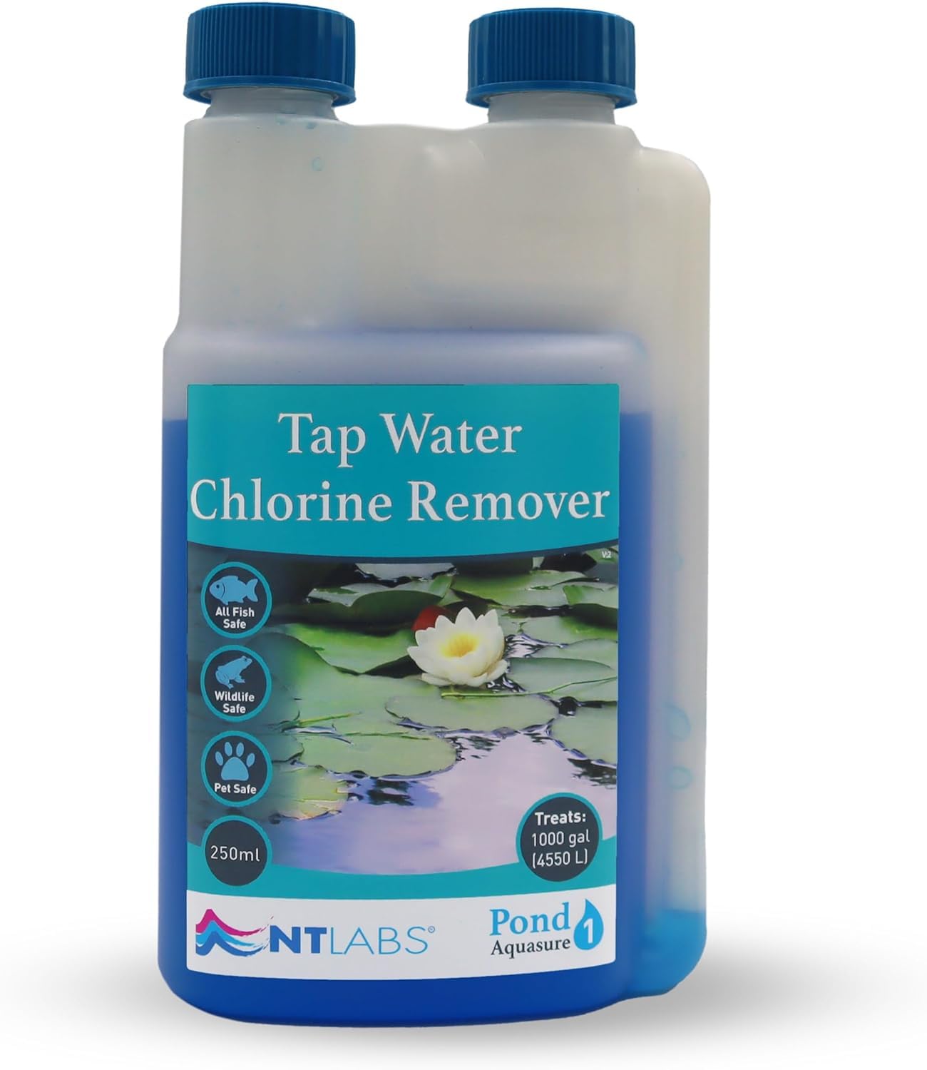 NT Labs Pond Aquasure, Pond Water Dechlorinator, Tap Water Chlorine Remover, Removes Chlorine, Chloramine, Other Halogens and Heavy Metals Making Pond Water Safe for Fish (250ml - Treats 4550L)