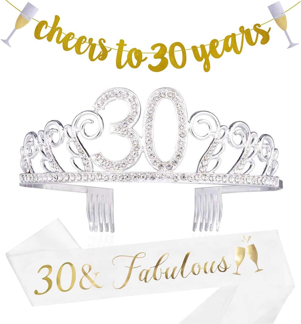 30th Birthday Decorations Party Supplies - 30th Birthday Gifts for Women,30 Birthday sash | Banner | Crown | Cake Topper. (30)
