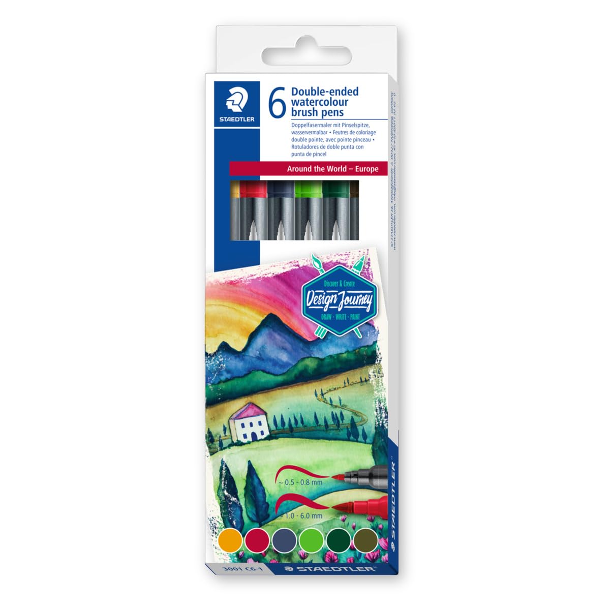 STAEDTLER 3001 C6-1 Design Journey Watercolour Brush Pens - Around the World Series - Europe (Pack of 6 Assorted Colours)
