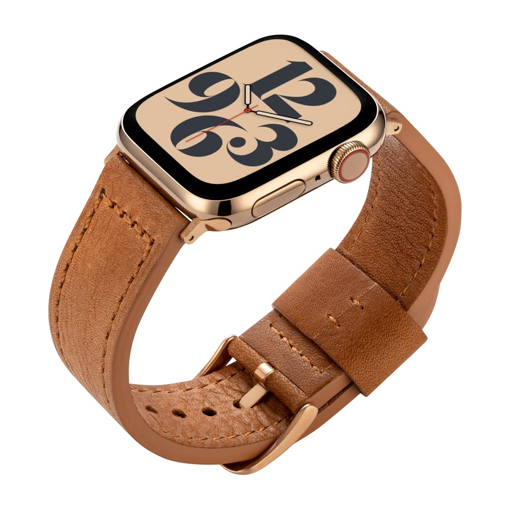 Buckle & Band Lond Luxury Leather Watch Strap Compatible with Apple Watch for all Apple Watch sizes (38mm/40mm/41mm, Light Brown/Gold Buckle)