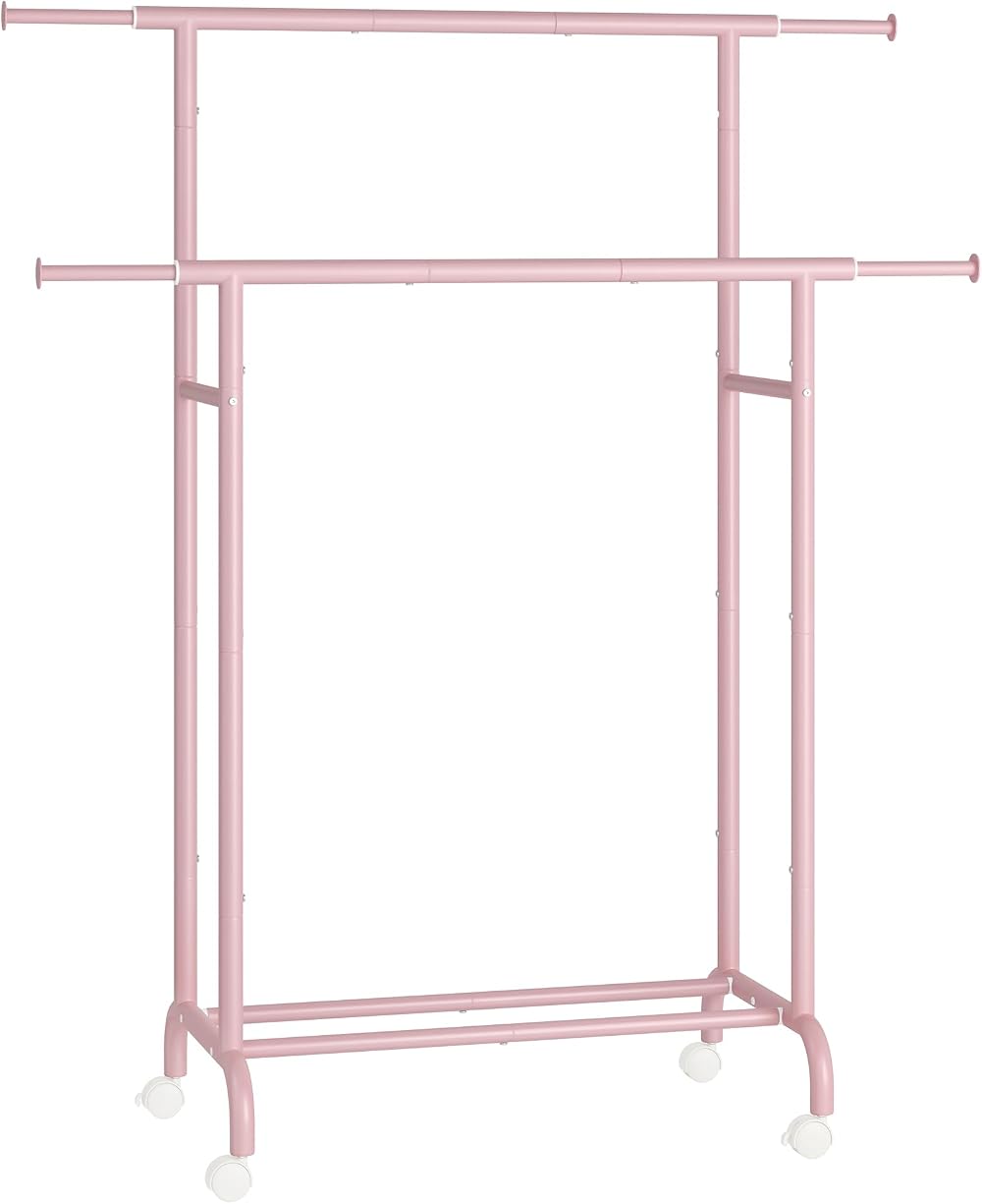 SONGMICS Double Clothes Rack on Wheels 83-120 cm Heavy Duty Pink HSR133R01