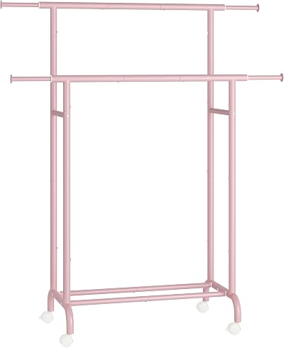 SONGMICS Double Clothes Rack on Wheels 83-120 cm Heavy Duty Pink HSR133R01