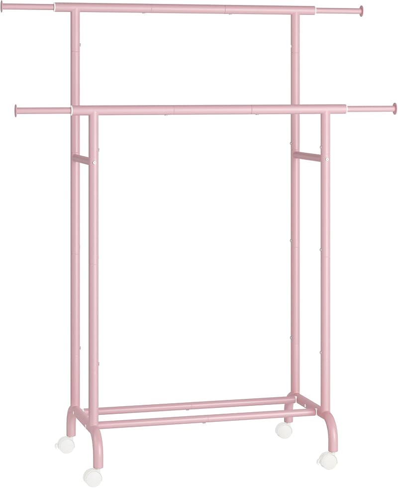 SONGMICS Double Clothes Rack on Wheels 83-120 cm Heavy Duty Pink HSR133R01