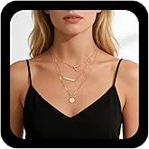 Andelaisi Layered Disc Coin Choker Necklace Gold Coin Pendant Necklace Vintage Triangle Necklace Multilayer Horizontal Bar Chain Necklace Jewelry for Women