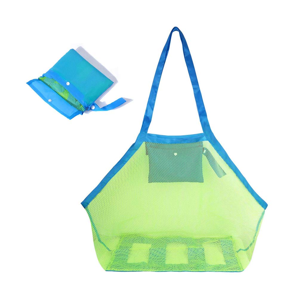 Yesmin Thickened Sand proof Mesh Beach - Outdoor Swimming Pool Children's Large Capacity Storage Lightweight Foldable Waterproof Travel Bag (Blue mesh Green bag)