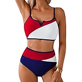 Herseas Women's High Waisted 2 Piece Bikini Sets V Wire Beach Summer Popular Swimsuits Colorblock Trim Swim Bathing Suit