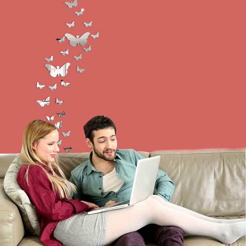 Butterfly Mirror Wall Stickers, 36pcs Acrylic 3D Wall Art Stickers Silver Mirror Stickers for Living Room Bedroom Office - Image 3
