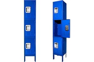 Pataku Metal Lockers for Employees, 3 Tier Storage Locker Cabinet, Steel Lockers 3 Lockable Doors for School, Gym, Office, Home(Blue, 3-Tier)