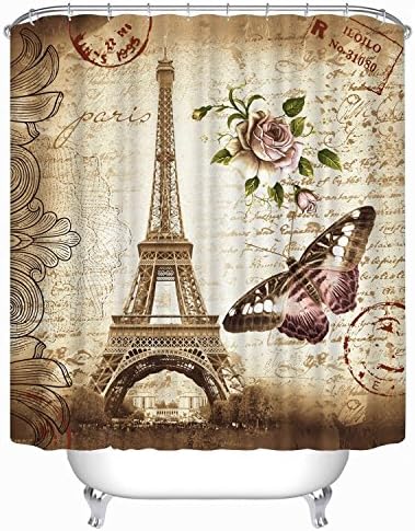 Haplain 3D Printing Waterproof Mouldproof Opacity Eiffel Tower Butterfly Bath Shower Curtain 180x180cm with Hooks
