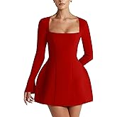 YMDUCH Women's Sexy Long Sleeve Square Neck A-Line Mini Club Prom Dress