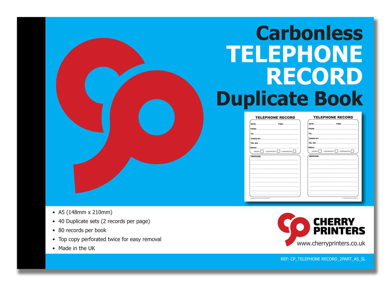 Cherry NCR Telephone Record Duplicate Book SL A5 40 Sets 80 Records