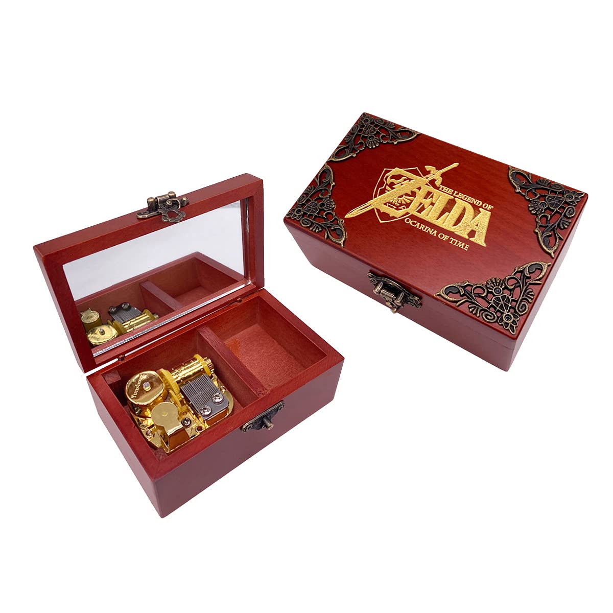 Zelda Jewelry Music box with Mirror Carved Wood Musical Box Wind up Gift Box (Melody:Song of Storms from Ocarina of Time, Gold movement)