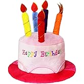 Novelty Place Pink Plush Happy Birthday Cake Hat - Unisex Adult Size Fancy Dress Party Hats - Perfect as Party Favors, Costume Accessories - Cake & 5 Multicolor Candles