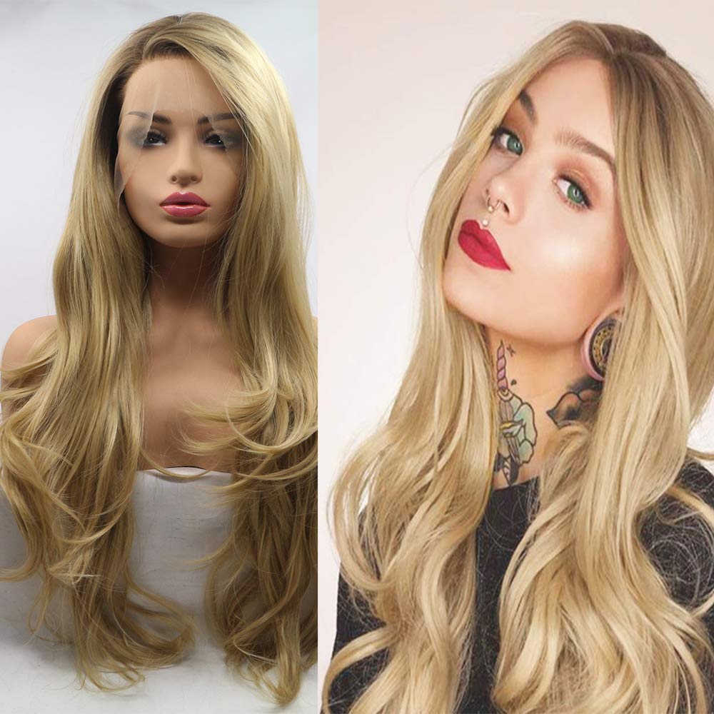 Xiweiya Ombre Blonde Lace Front Wig Long Body Wavy Side Part Mixed Blonde Synthetic 13x4 Lace Front Wig Heat Resistant Fiber Hair Wigs Natural Hairline Lace Full Wigs for Women 24inch
