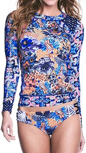 Jqing Women's Flower Print UV Sun Protective Long Sleeve 2 Piece Swimsuit Rashguard