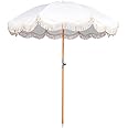 Funsite 6.5ft Boho Beach Umbrella with Fringe, UPF 50+ Tassel Umbrellas with Carry Bag, Premium Wood Pole Foldable Patio Umbrella for Outdoor Holiday Garden Lawn Pool Yard Table