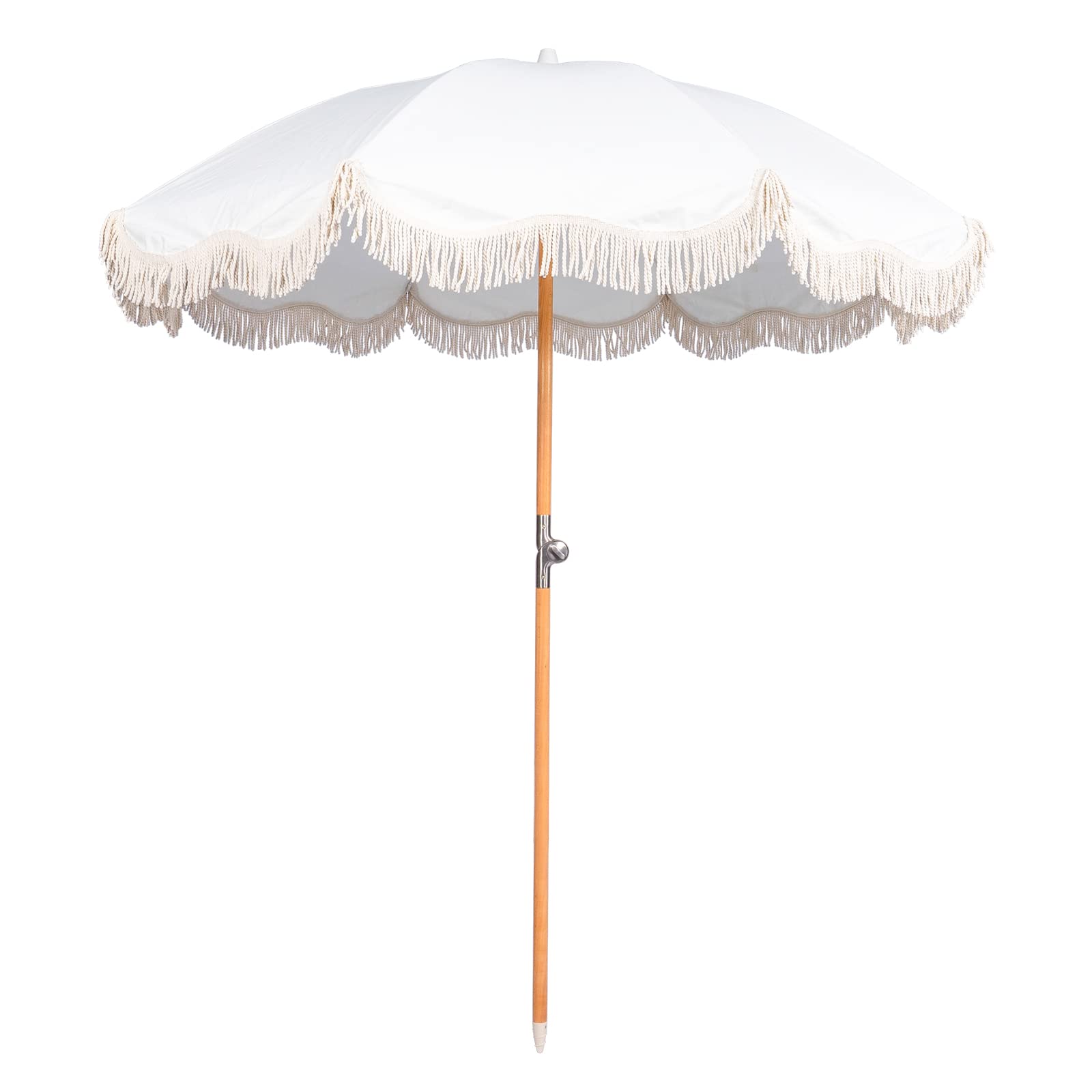 Photo 1 of *Dirty/Used* Funsite 6.5ft Boho Beach Umbrella with Fringe, UPF 50+ Tassel Umbrellas with Carry Bag, Premium Wood Pole Foldable Patio Umbrella for Outdoor Holiday Garden Lawn Pool Yard Table, White