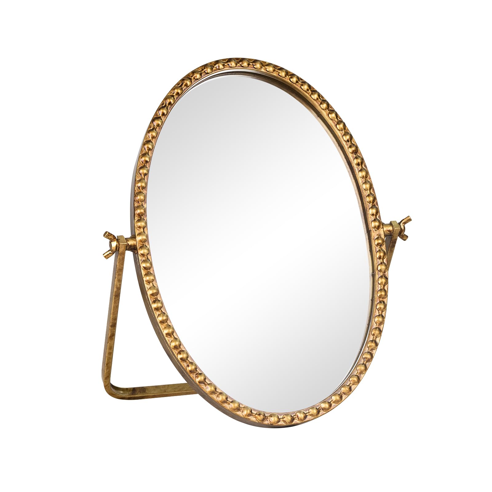 Photo 1 of GIFTTROVE Vintage Desk Makeup Mirror, 12" L x 7.9" W Antique Gold Vanity Table Mirrors, Metal Framed Oval Small Standing Mirrors with Beaded, 360 Adjustable Rotation for Tabletop, Bedroom