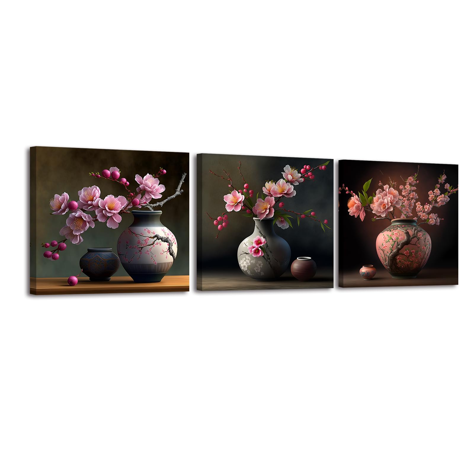 Piy Peach Blossom Painting Set of 3, Pink Flowers Canvas Prints Framed Pictures for Living Room, Bedroom, Kitchen - 12x12inch