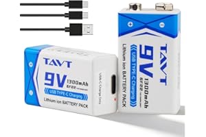 TAVT 2 Pack 9V Rechargeable Batteries 1300mAh, USB C Lithium Ion Battery with 2 in 1 Charging Cable, Long Lasting 9 Volt Batt