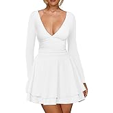 Kaximil Women's Sexy Long Sleeve V Neck Mini Dress Ruched A Line Flowy Cocktail Party Short Dresses