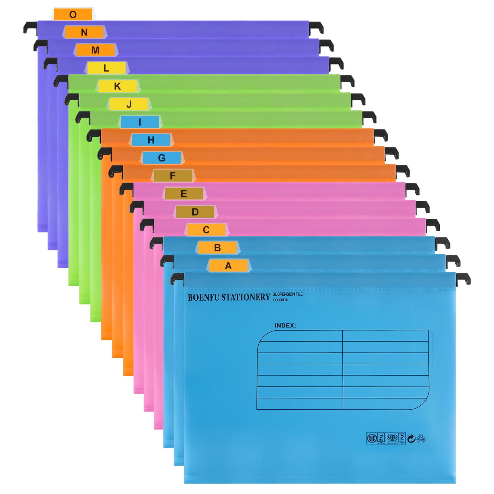 Foolscap Suspension Files,BOENFU 15 Pack Polypropylene for Suspension Files Filing Cabinets with Tabs,Card Inserts for School Home Office (15 Pack,5 Colors)(No Markers)