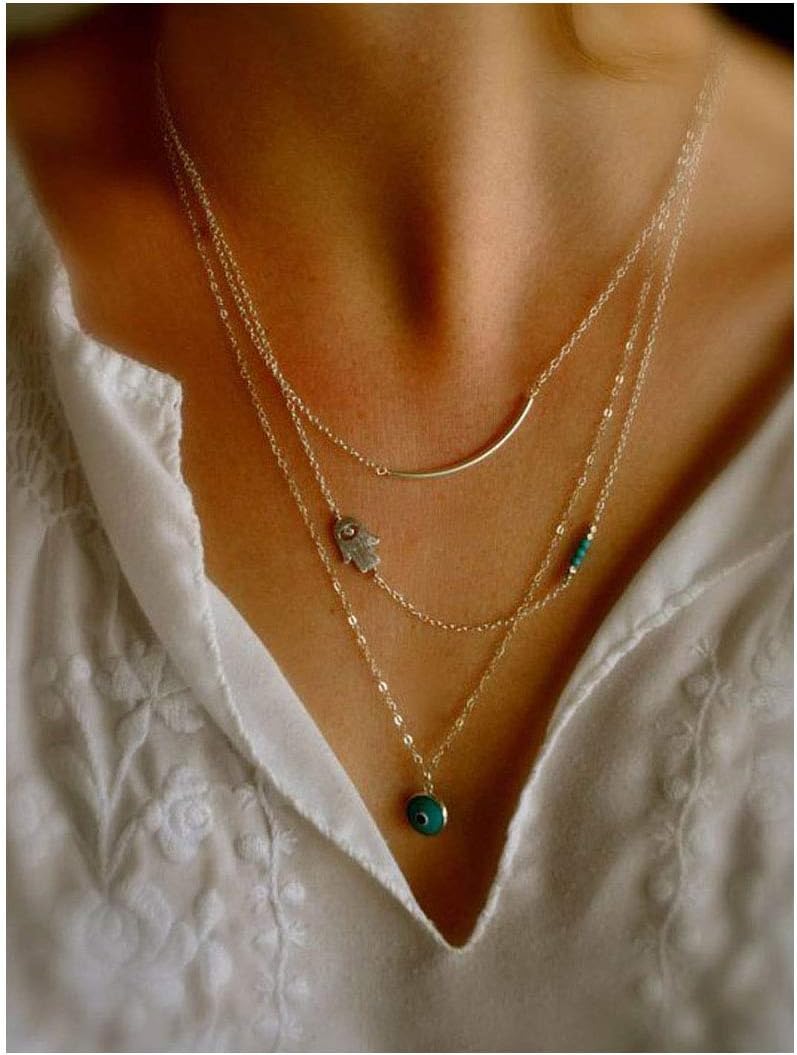 LittleB simple choker Hamasa hand Blue Evil Eye Multilayer Alloy necklace for women and girls.