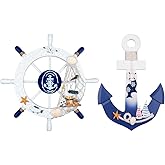 2 Pack 11" Nautical Beach Wooden Ship Wheel and 11" Wooden Anchor with Rope Nautical Boat Steering Wheel Rudder Anchor Wall Art Decor Door Hanging Ornament Beach Theme Home Decoration(White&Blue)