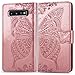 Galaxy S10 Plus Wallet Case, [Butterfly & Flower Embossed] PU Leather Wallet Flip Protective Phone Case Cover with Card Slots and Stand for Samsung Galaxy S10 Plus 6.4 inch 2019 (Rosegold)