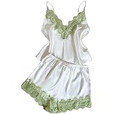 WDIRARA Women's Satin Lace Pajama Shorts Set 2 Piece Cami Sleepwear