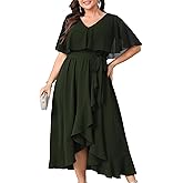 Women Plus Size Long Formal Dress Short Sleeve Chiffon Ruffle V Neck High Low Split Wedding Guest Maxi Dresses